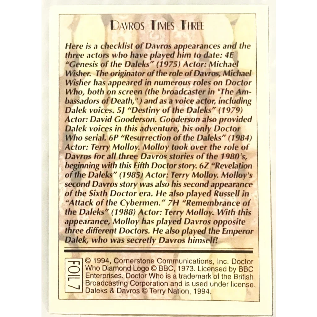 Rare Vintage Limited Doctor Who Foil Trading Cards 1990s Set