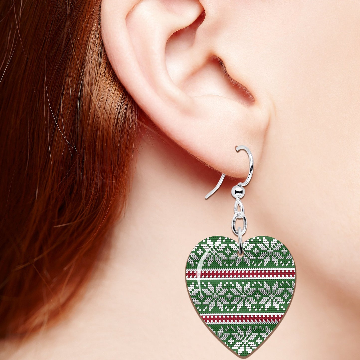Green Red Christmas Sweater Heart Fishhook Dangle Earrings