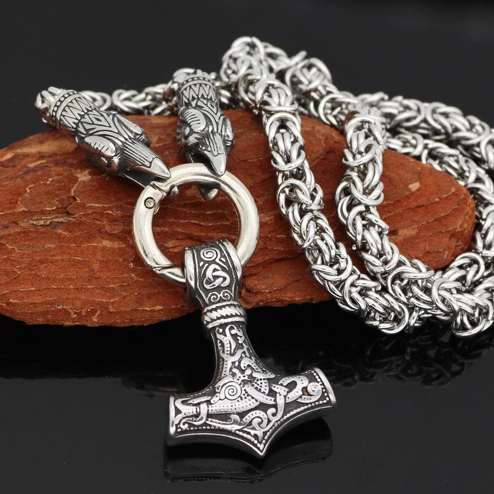 Vikings Mjolnir and Ravens Stainless Steel Necklace