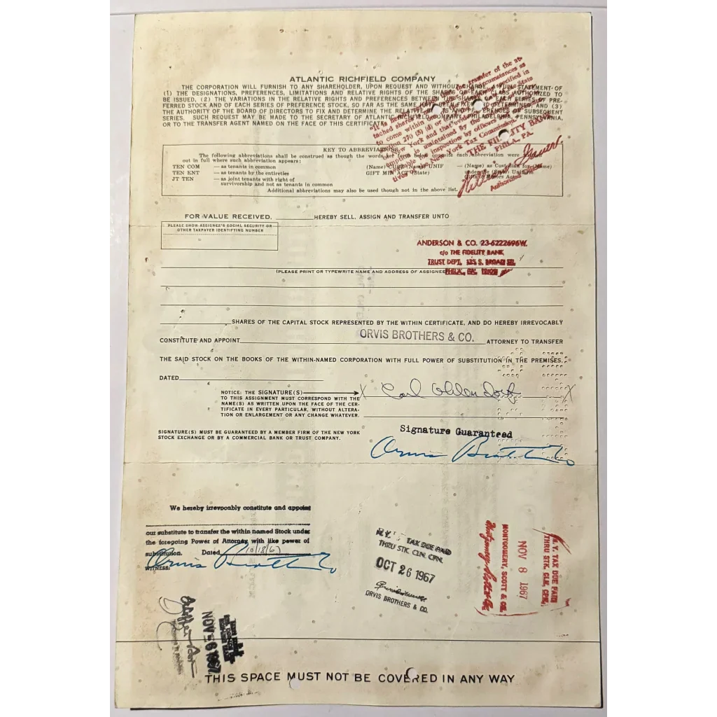 Rare Vintage 1960s Atlantic Richfield Stock Certificate ARCO Americana