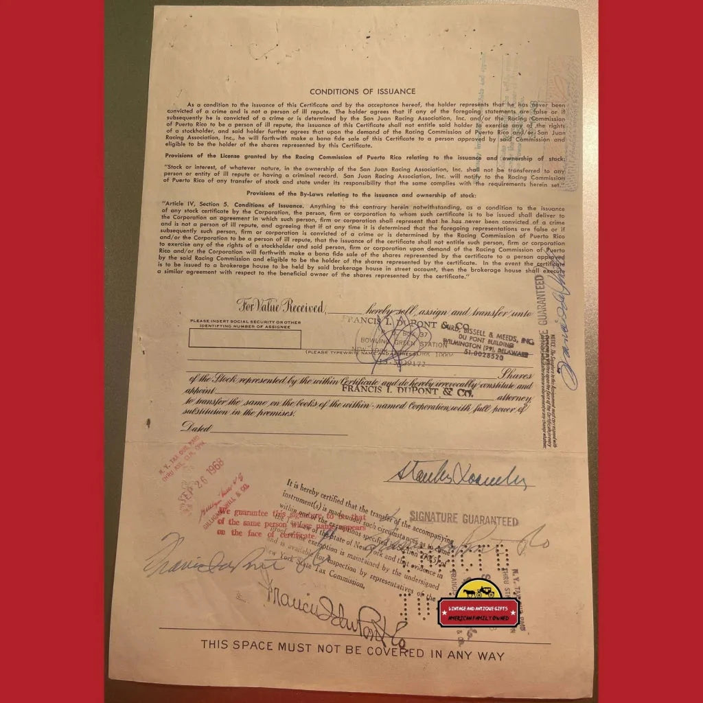 Rare 1960s San Juan Racing Stock Certificate Wall Art
