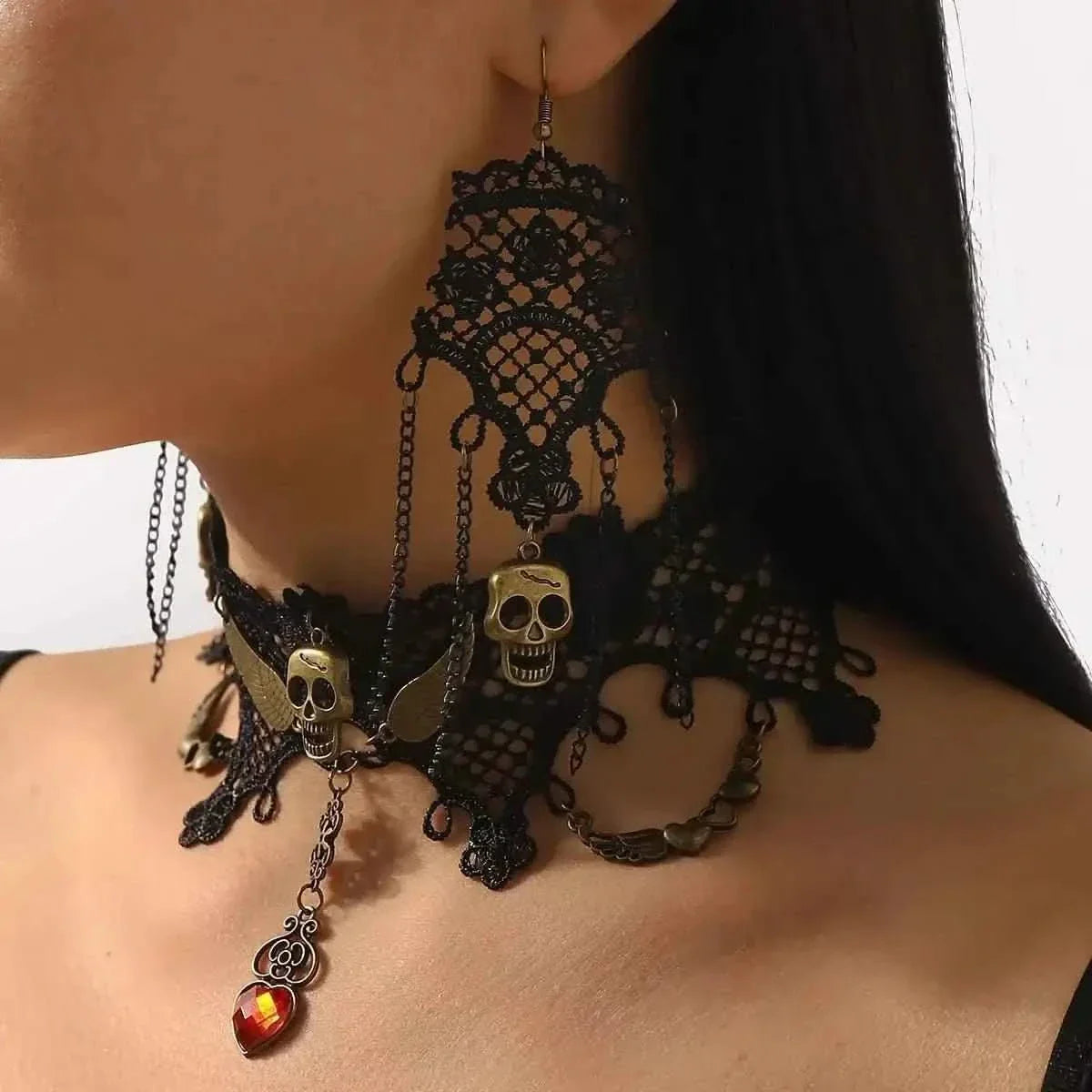 Halloween Lace Skull Necklace : Earrings Jewelry Set