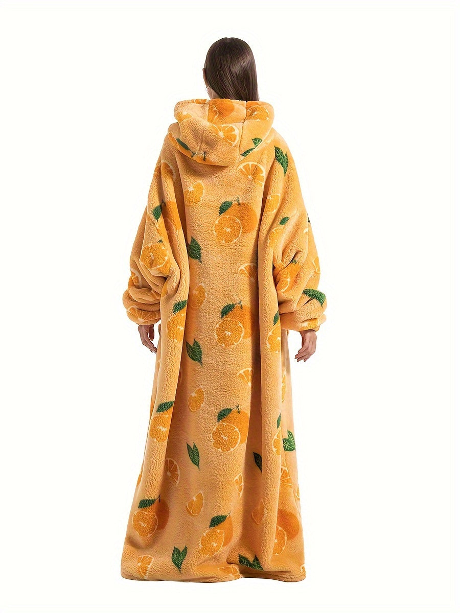 Plus Size Pumpkin Print Flannel Blanket Hoodie - Soft, Cozy, Plush, Hooded, Winter Outwear for Women with Halloween Theme
