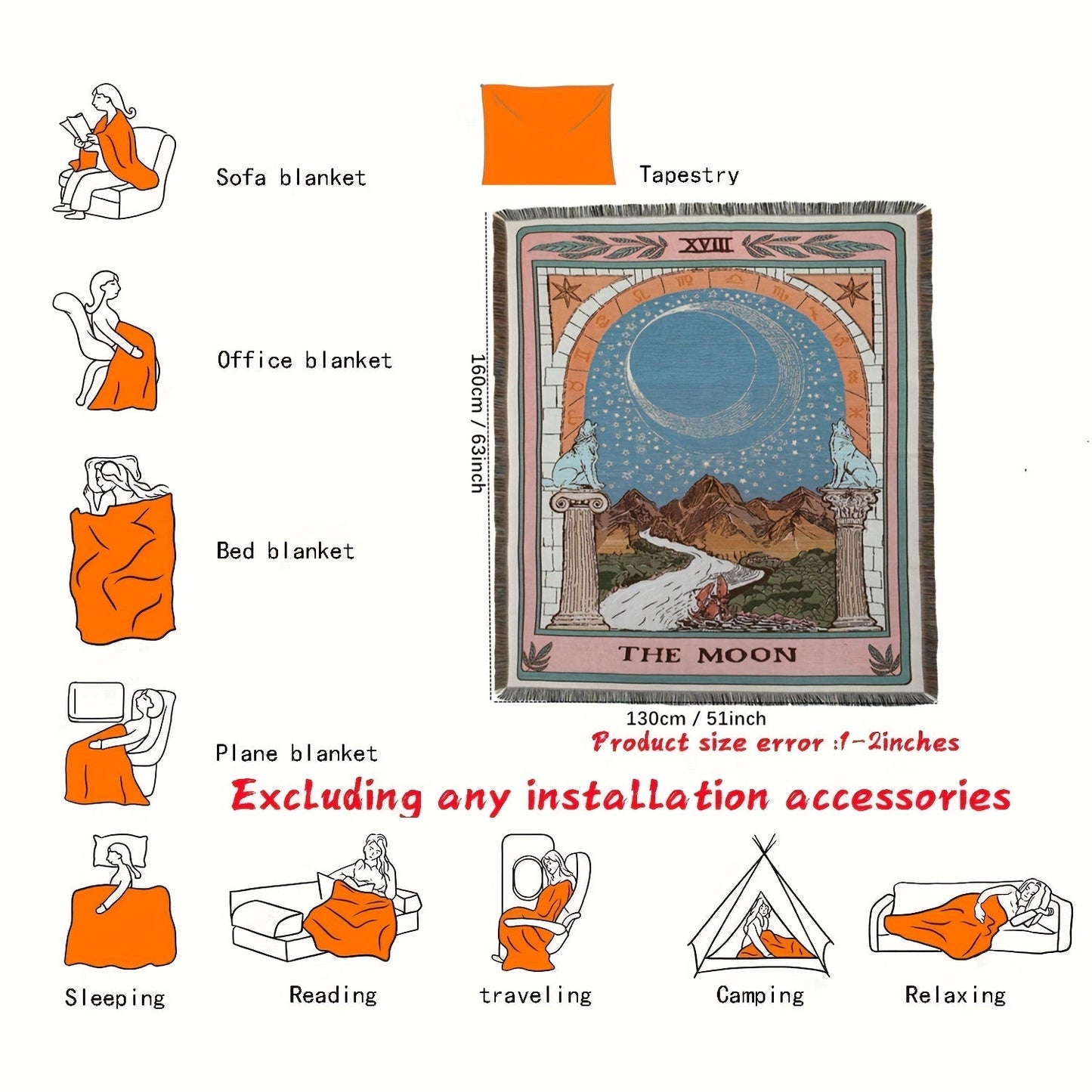 1pc Bohemian Knitted Tassel Blanket - Polyester Blend, Machine Washable, Square, Stain Resistant, Lightweight, Versatile for Indoor, Outdoor, Camping - The Moon Design Rug