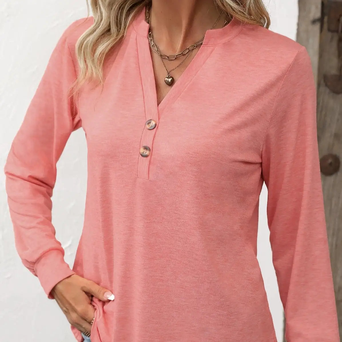 Ladies' Fashion New Button Peach Red Open Neck T-shirt Casual Top
