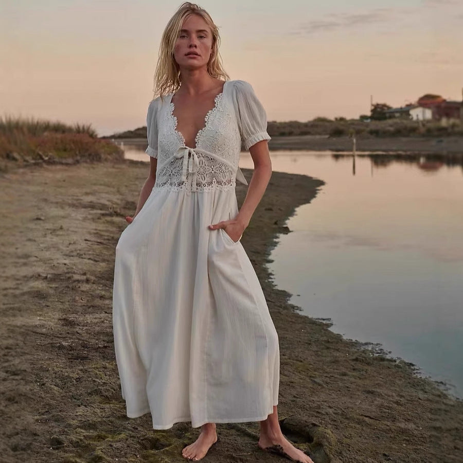 V-neck Lace Short Sleeved Pure Cotton Dress