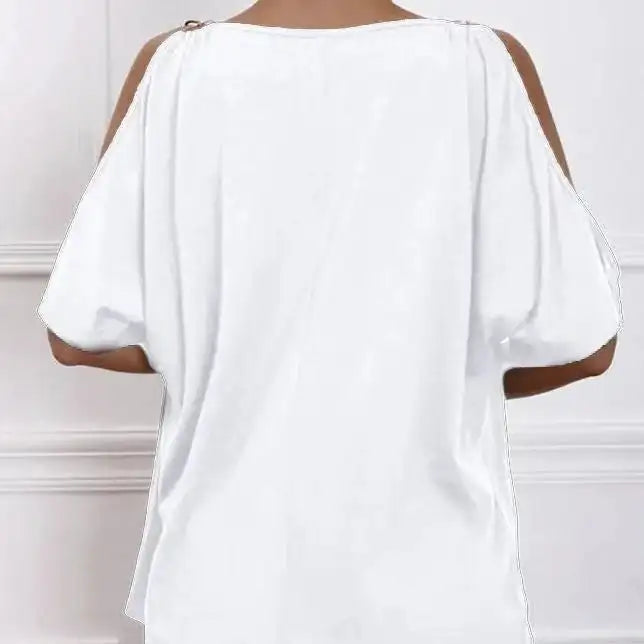 Ladies' Solid Color Cold Shoulder Hanging Neck O-ring Detail T-shirt