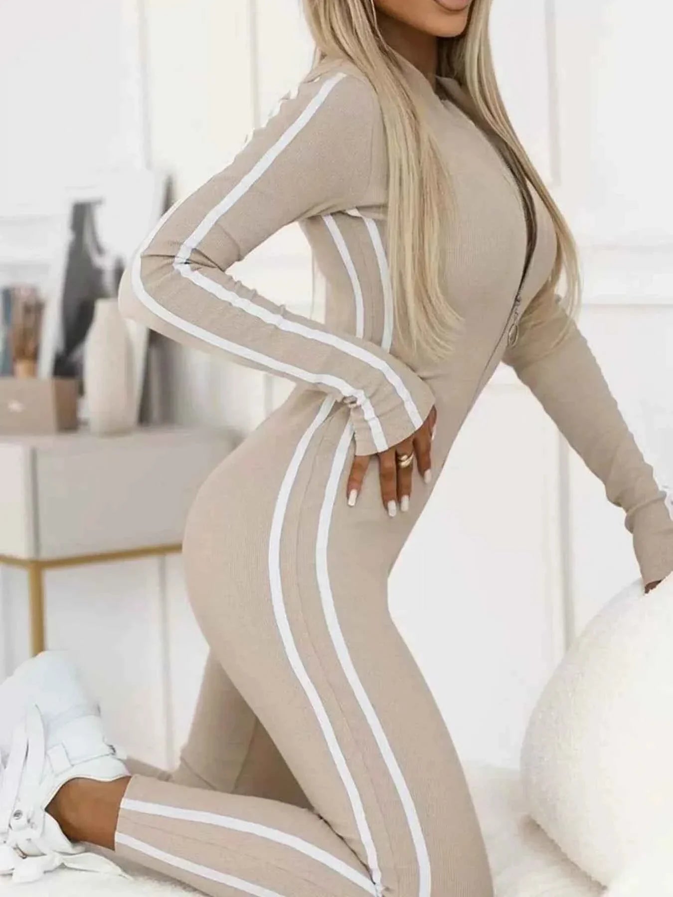 Full Size Stripe Zip-Front : Long Sleeve Jumpsuit Plus Size