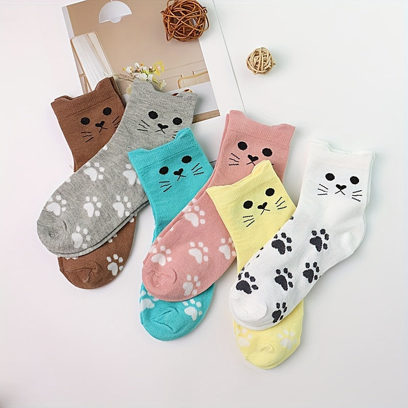 6pcs Cute Cartoon Cat & Paw Print Mid-Calf Socks for Women - Soft Polyester Blend, Machine Washable, Short Socks