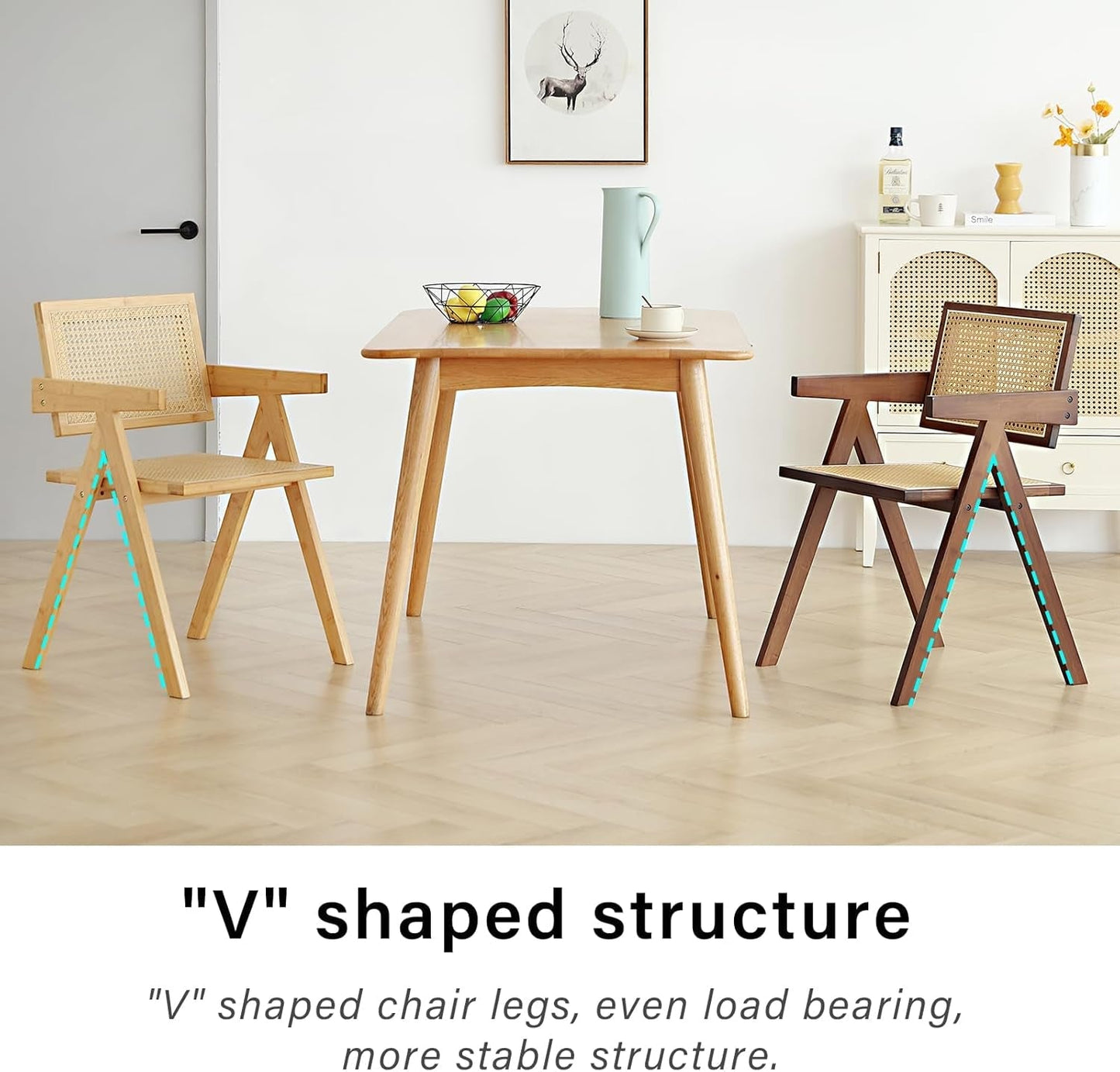 Rattan Dining Chairs Set of 2, Mid Century Modern Armchairs, Wooden Kitchen Chairs for Dining Room, Living Room, Walnut