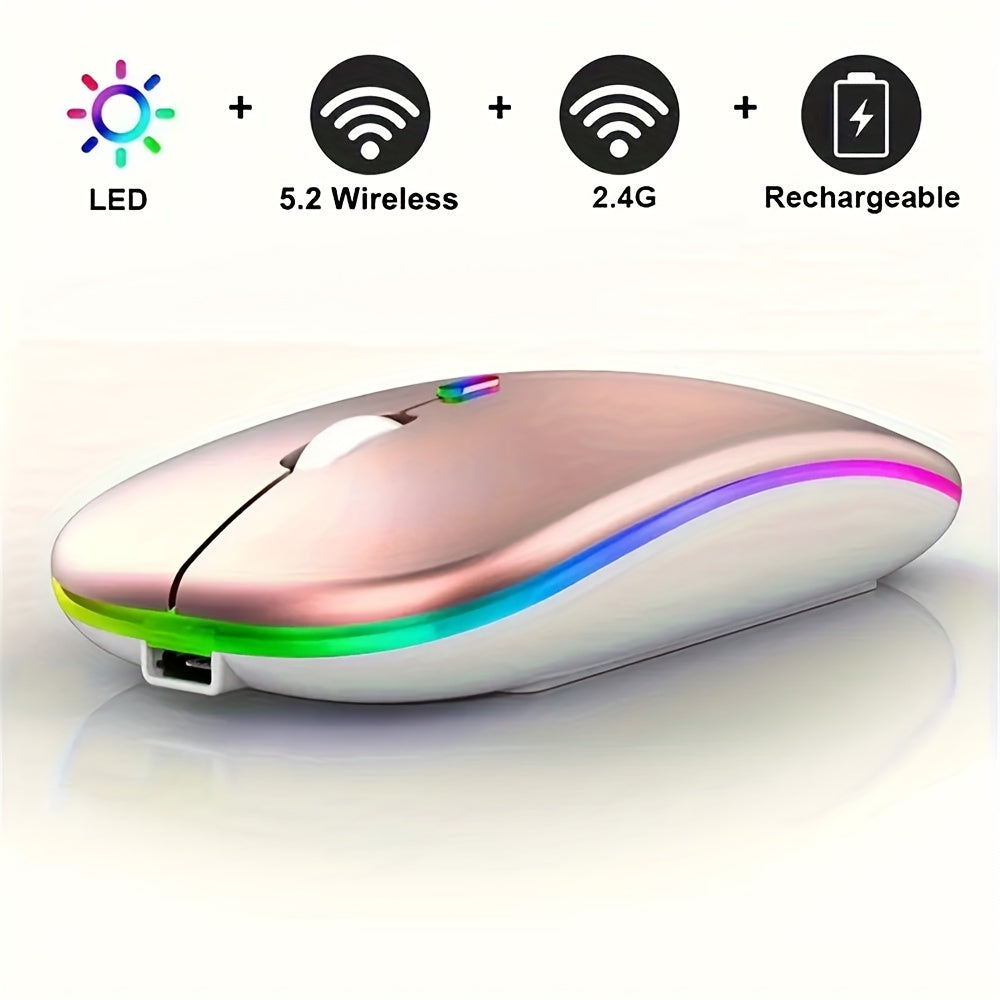 Wireless Rechargeable LED Backlit Gaming Mouse with 2.4G/5.2G Dual Mode, Ultra-Thin, Silent, Universal Compatibility for Laptops, Desktops, and Tablets