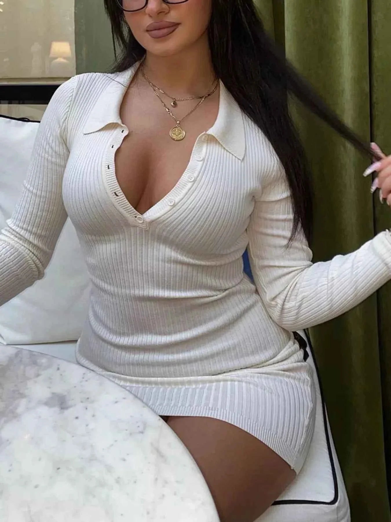 Ribbed Knit Button Detail : Sweater Dress