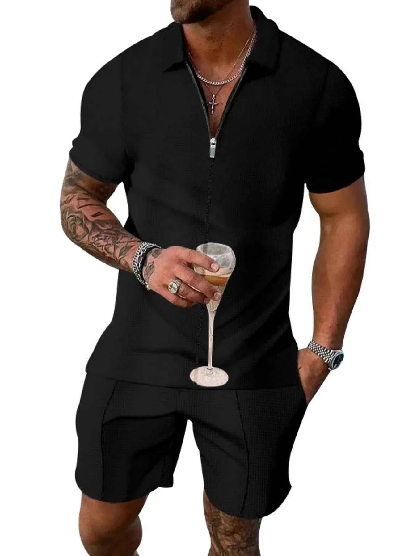 Men's Plus Size Zip Up Short Sleeve Top and Shorts Set