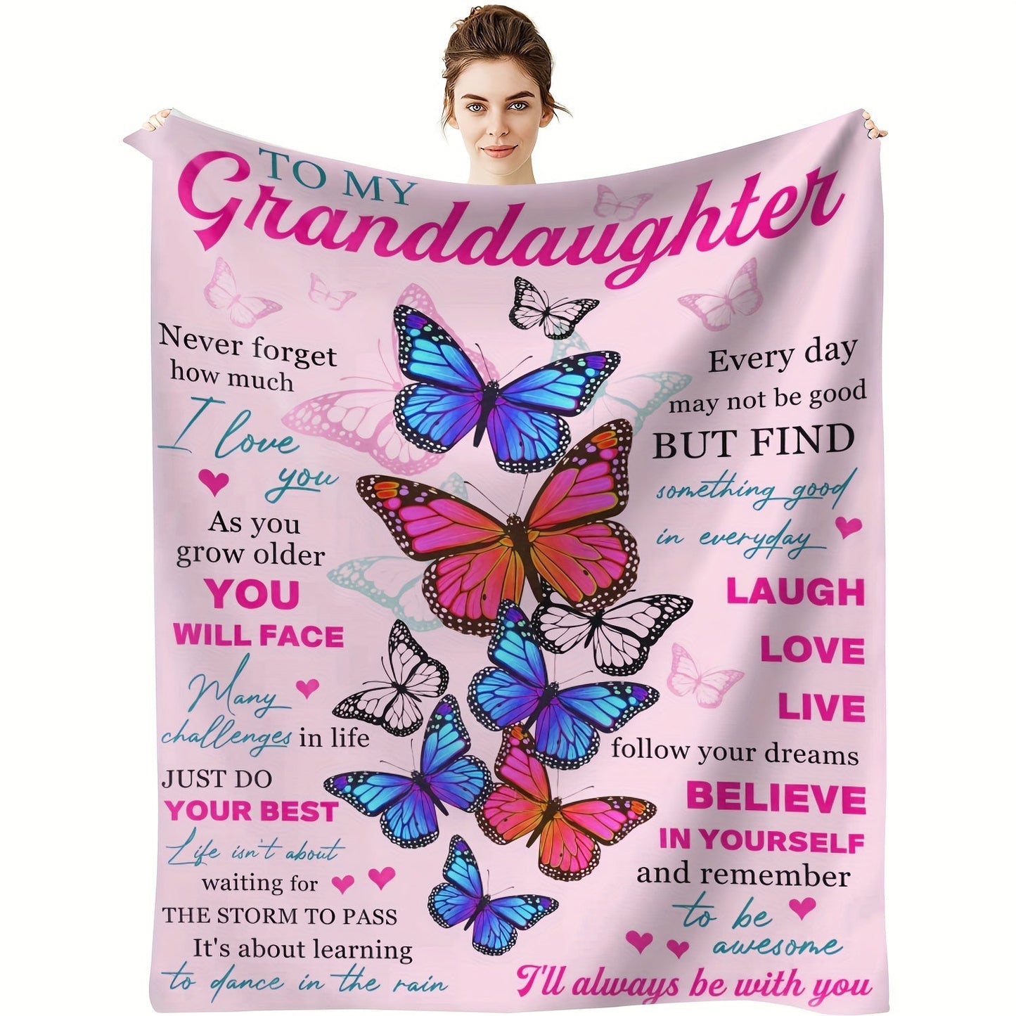 1pc Soft Flannel Butterfly Print Blanket, Warm Cozy Throw for Couch Bed Sofa, To My Granddaughter