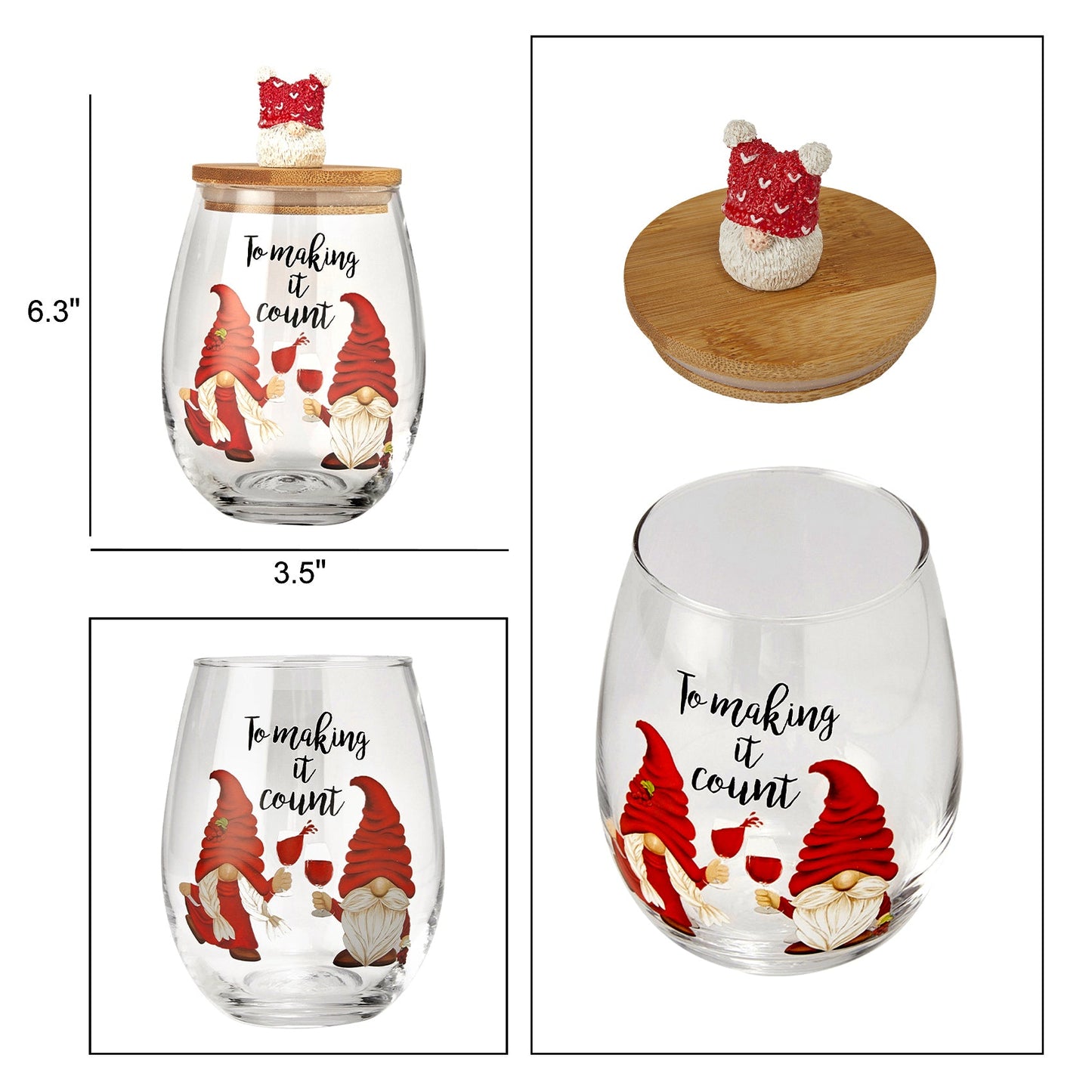 Christmas Gnome Wine & Water Glasses With Dwarf Wood Cover - Set of 2-17.5oz - Santa Holiday Festive Gnomes Stemless Clear Wine Glass For Red Or White Wine - Wines Glass for Women Friends Men Sister
