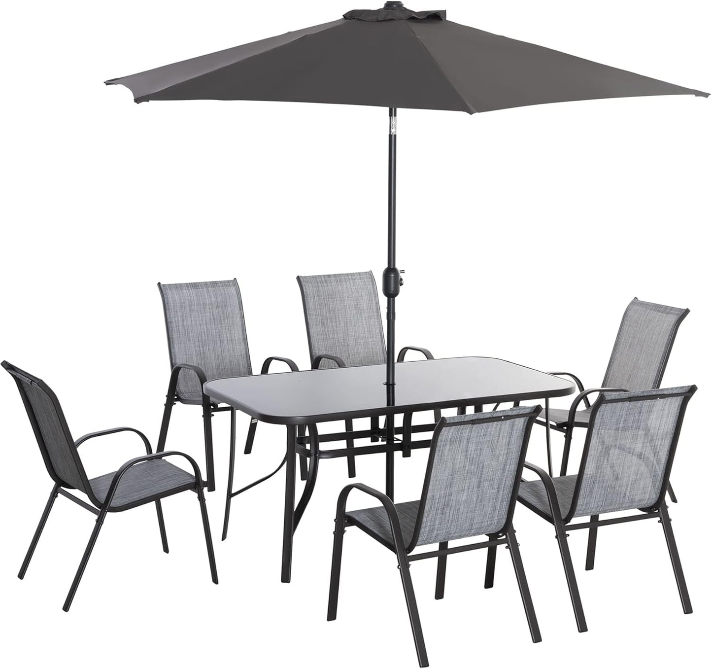 Eight Piece Patio Furniture Set with Umbrella and Chairs