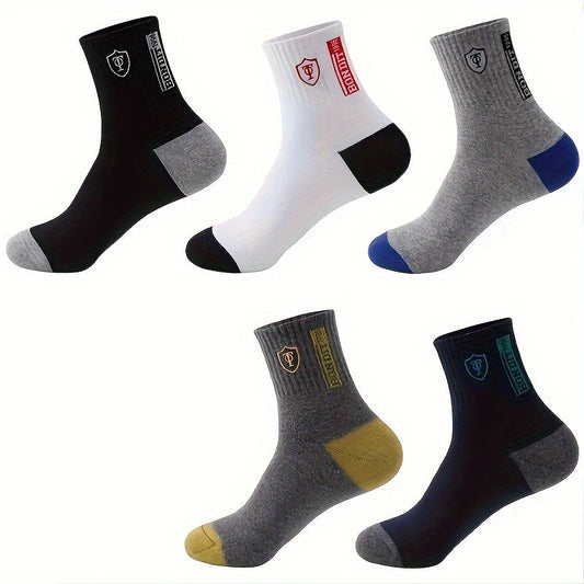 5 Pairs Men'S Athletic Crew Socks, Moisture-Wicking Knit Fabric, Solid Color, Polyester 75%, Spandex 25%, with Embroidered Badge, for Hand Wash Only, Sweat-Resistant