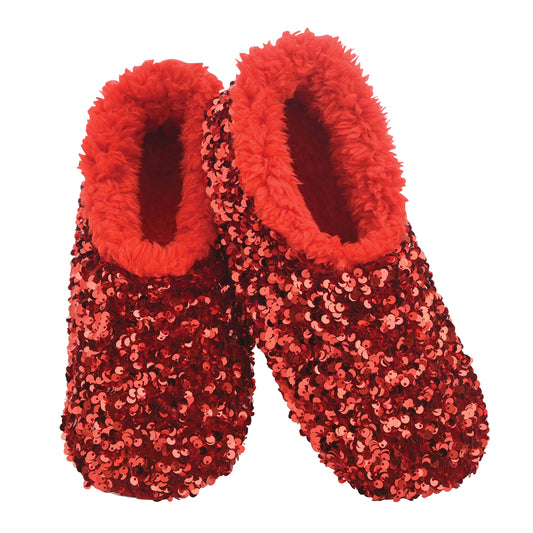 Snoozies Womens Slipper Socks - - Cozy Slippers for Women - Fuzzy House Slippers for Indoor Use - Soft Sole Slippers - Sequin Glam Bling - Red - Small