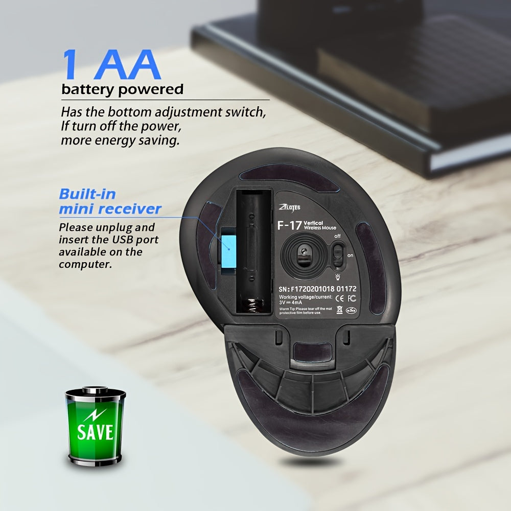 ZELOTES Ergonomic Wrist Rest Mouse, 2.4G Vertical Wireless Gaming Mouse, Comfort Grip, Right Hand Orientation, Battery Powered (Batteries Not Included), 393.7inch Range, Plastic Material, No Charging Function, ≤36V Operatin