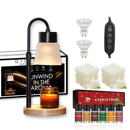 Aroma Therapy Gift Set - Adjustable Glass Candle Warmer Lamp with Himalayan Salt Lamp, Dimmable with Timer, Spice Scented Candle & Wax Melts, Home Decor, 110V-240V US Plug, 2 Bulbs Included, Christmas Present