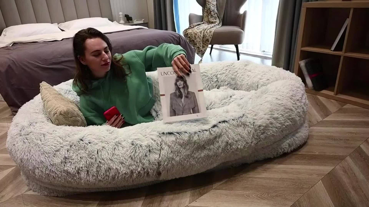 Orthopedic Human Dog Bed 71"x45"x12" Oval Washable Faux Fur Pet Bed with Plump Pillow, Blanket & Strap - Non-Slip Spa Design for All Dog Sizes, Grey, Cozy Nap Spot, Cozy Aesthetic, Durable Polyester, Home Lounging