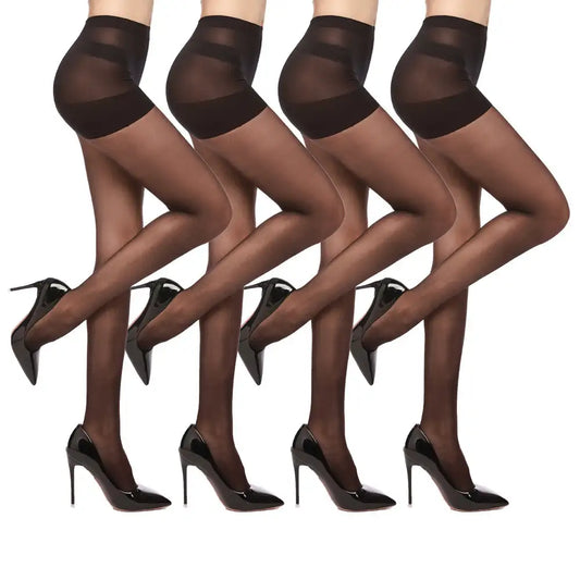 4 Pairs Women's Sheer Tights 20 Denier Control Top Pantyhose With Reinforced Toes