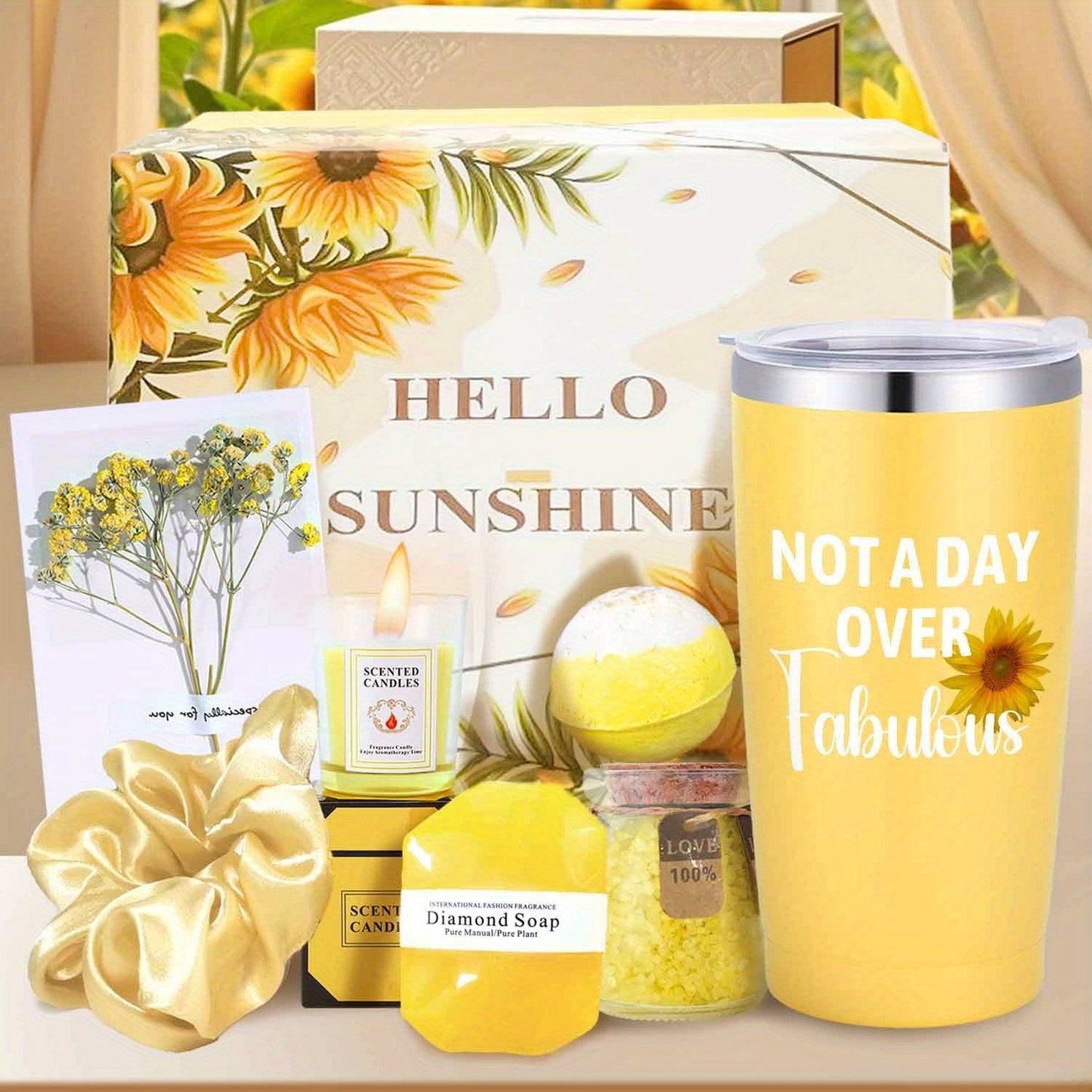 8pcs "Not A Day Over Fabulous" Yellow Spa & Bath Gift Set - Includes Insulated Travel Mug with Lid, Scented Candle, Bath Bomb, Diamond Soap, Love Note Card & Elegant Gift Box - Ideal for Women, Men, Friends on Christmas, Than
