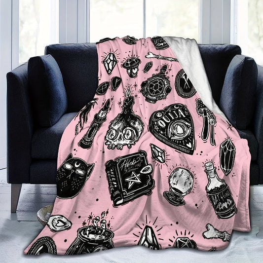 1pc Halloween Element Print Flannel Blanket, Soft Cozy Throw Blanket Nap Blanket For Travel Sofa Bed Office Home Decor, Birthday Halloween Holiday Gift Blanket For Boys Girls Adults, Available All Season