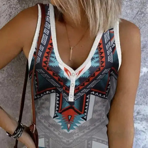 Women's New Fashionable V-neck Ethnic Pattern Knitted Button Versatile Vacation Style Vest Top