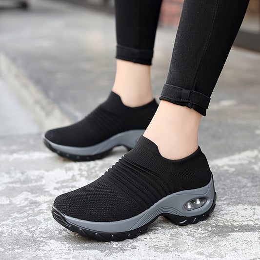Women's Casual Sports Socks Sneakers Fashionable Thick Sole Air Cushion, Elevated Sloping Heel Rocking Shoes plus size