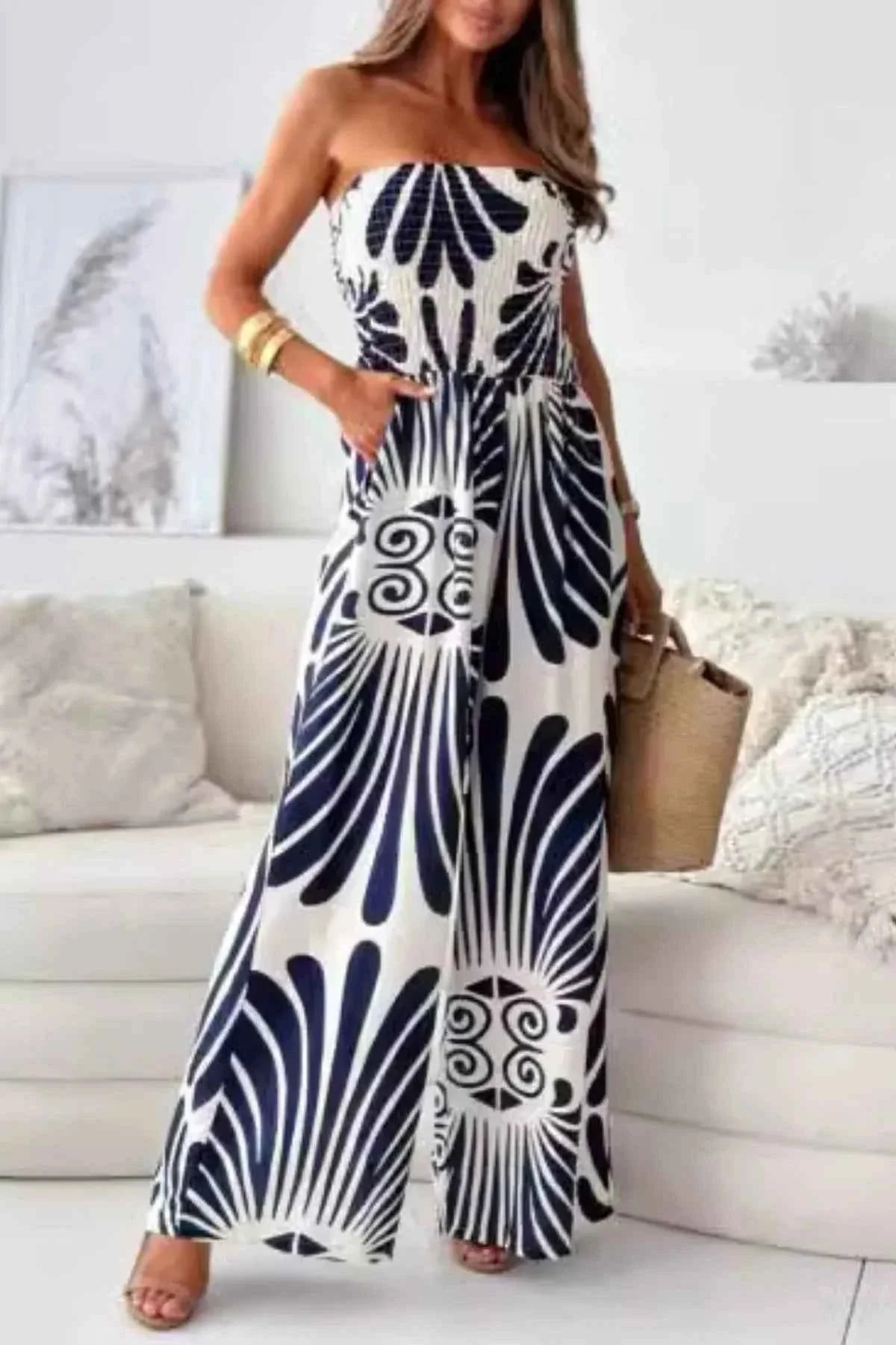 Printed Smocked : Tube Wide Leg Jumpsuit