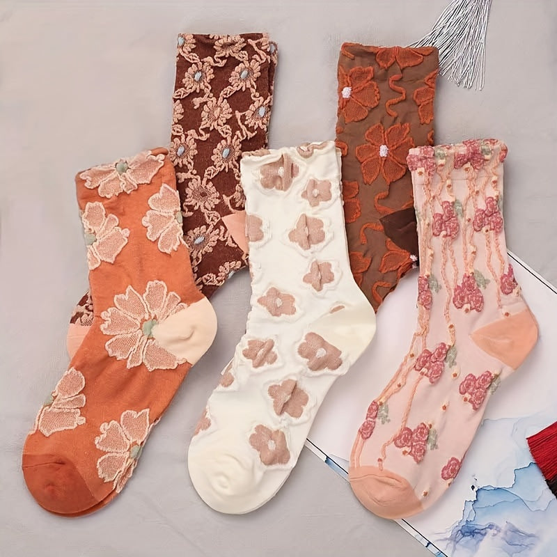 5 Pairs Floral Print Socks, Comfy & Breathable Mid Tube Socks, Women's Stockings & Hosiery