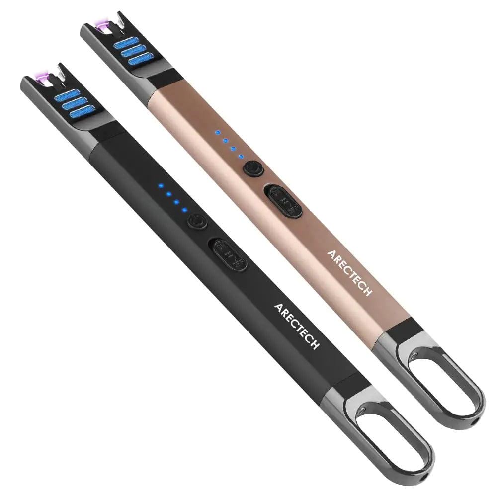 ARECTECH Lighter Electric Lighter Candle Lighter Rechargeable USB Lighter Long Gill Lighter for Candle Cooking Camping BBQs Fireworks (Black&Champagne Gold Pack of 2)