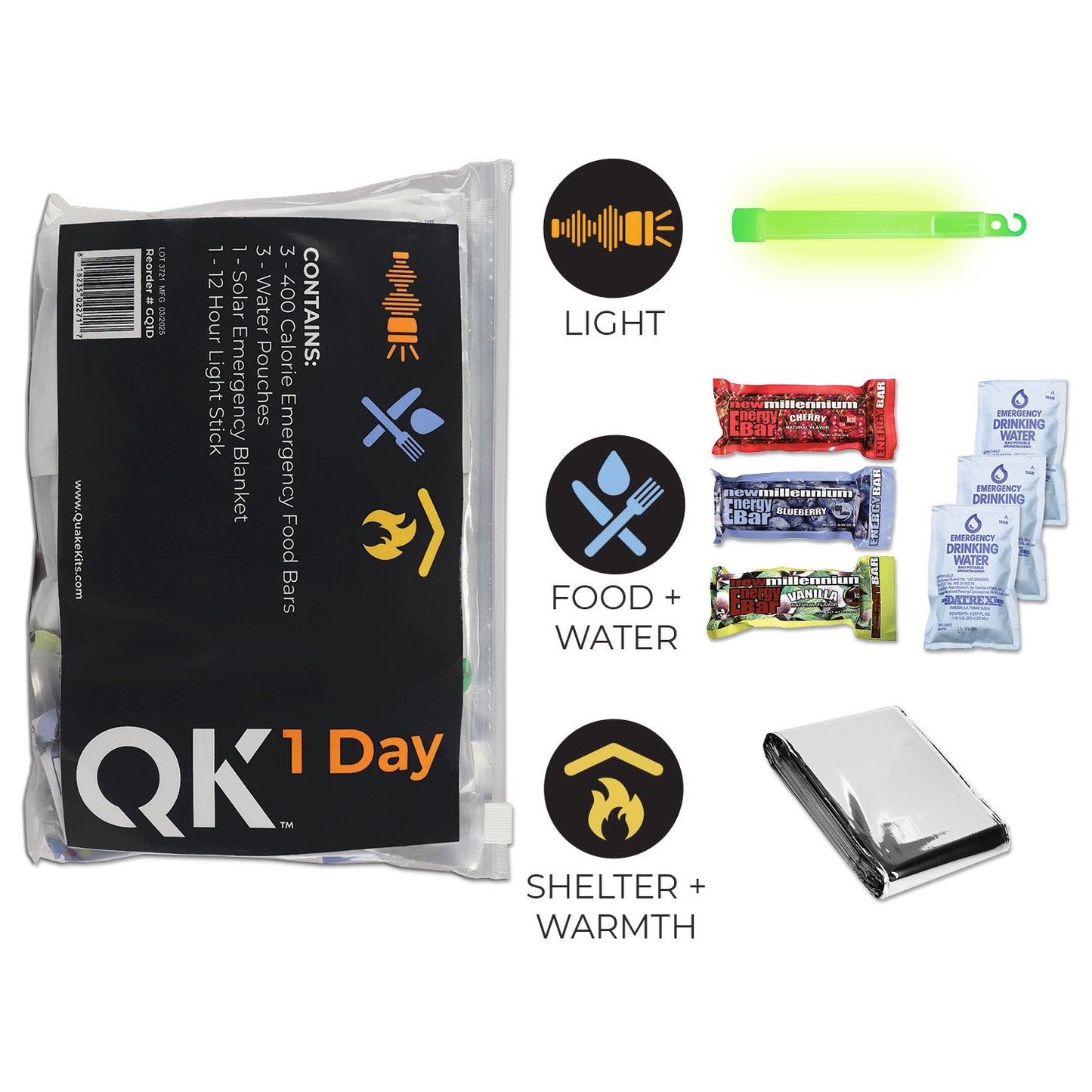 Quake Kits 1 Day Quick Grab Kit in Resealable Bag