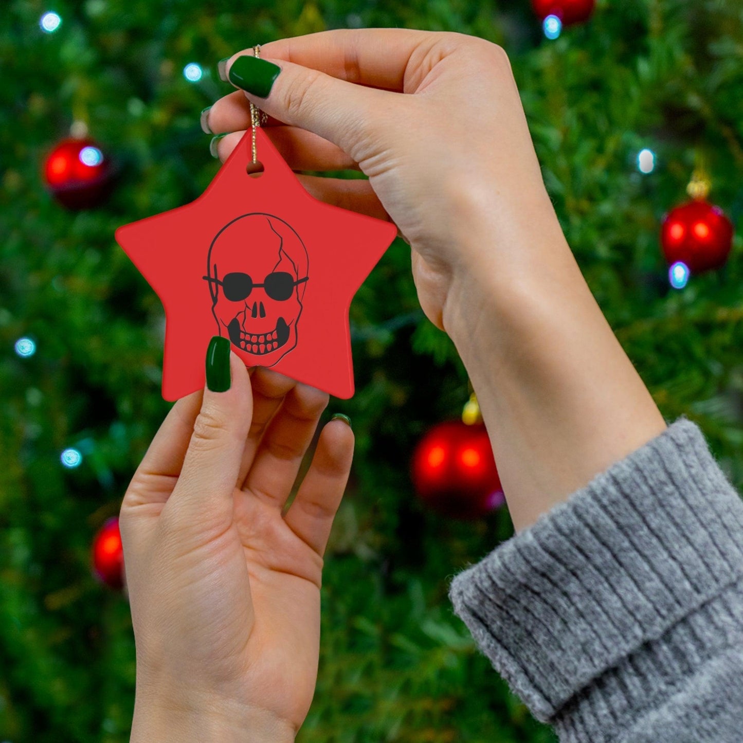 Red Skull With Shades Ceramic Ornament, 4 Shapes Glossy Finish, Snowflake, Star, Heart, and Circle, Black Sunglasses - Lizard Vigilante