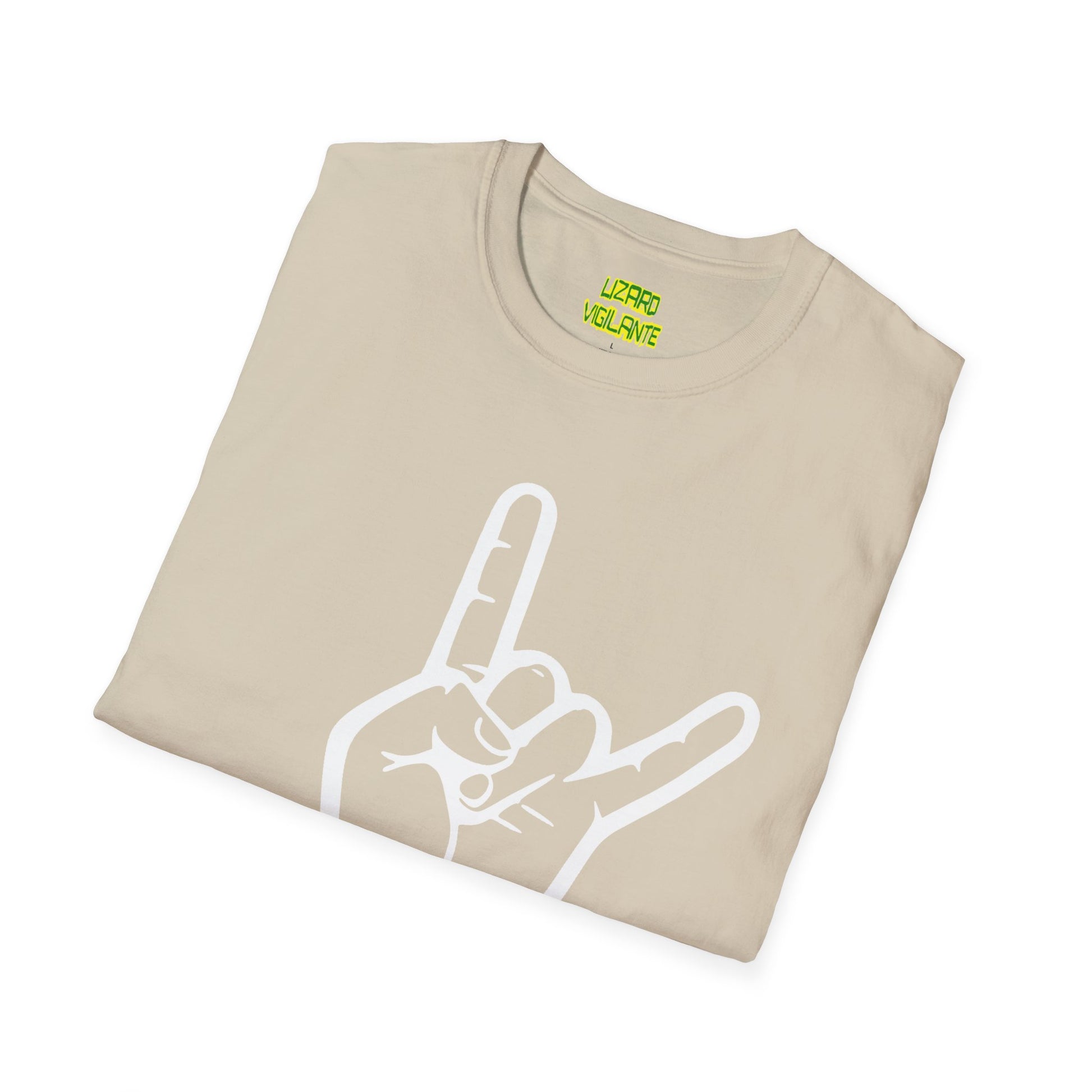 Metal Hand Gesture With Spiked Wristband Unisex Softstyle T-Shirt, White - Lizard Vigilante
