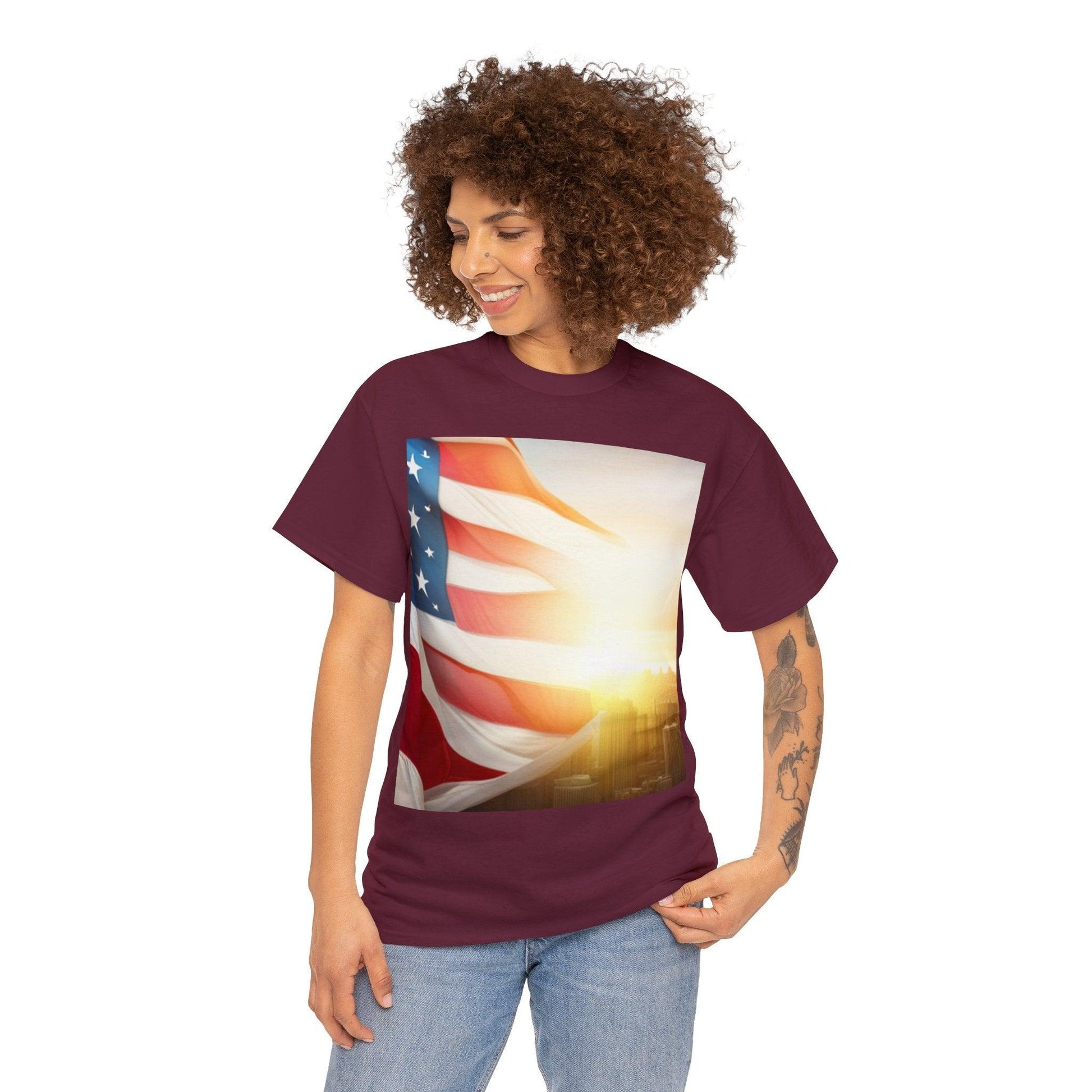 Patriot American Flag Over Gotham Unisex Heavy Cotton Tee / Red, White, and Blue Old Glory Sun T-Shirt - Lizard Vigilante