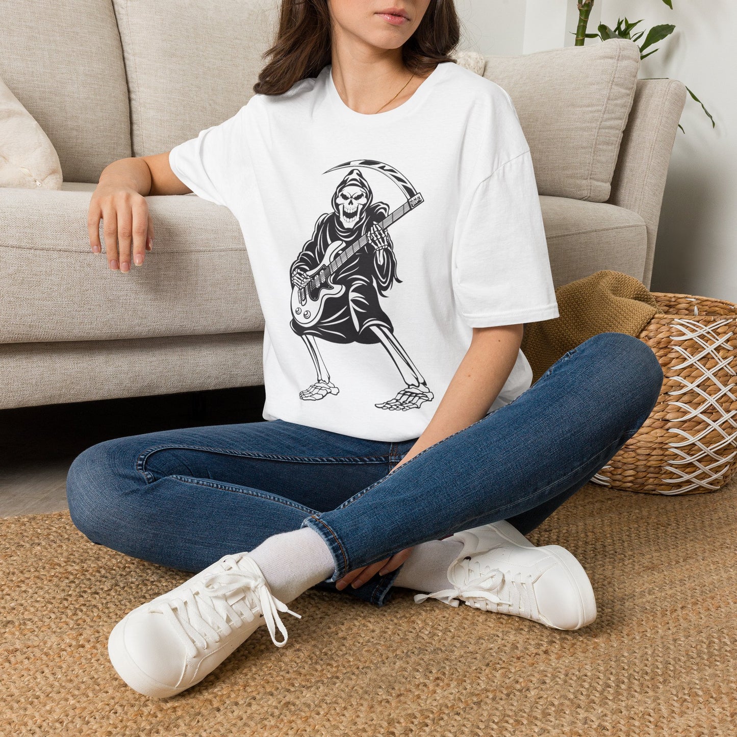 Grim Reaper Guitar T-Shirt — Rocker Skeleton Scythe Tee
