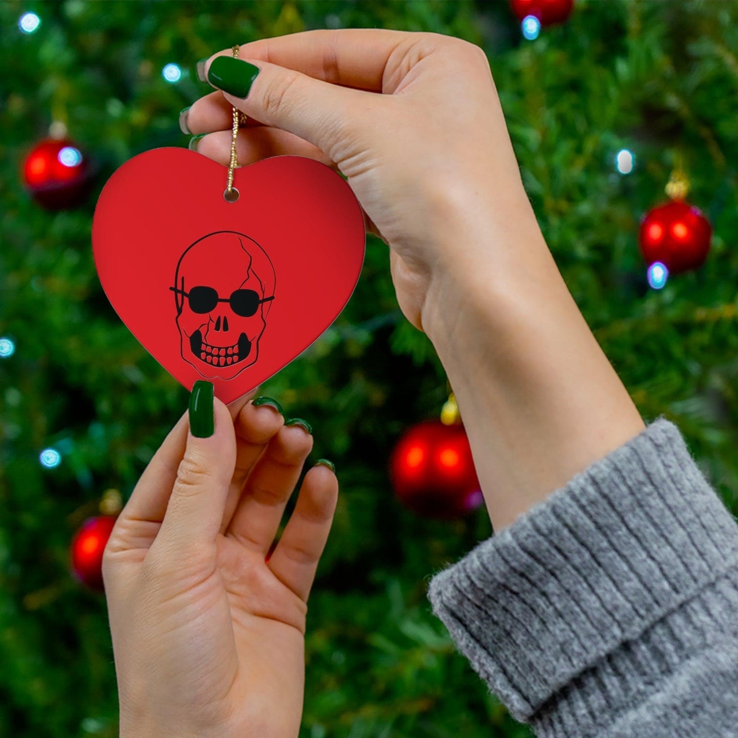 Red Skull With Shades Ceramic Ornament, 4 Shapes Glossy Finish, Snowflake, Star, Heart, and Circle, Black Sunglasses - Lizard Vigilante