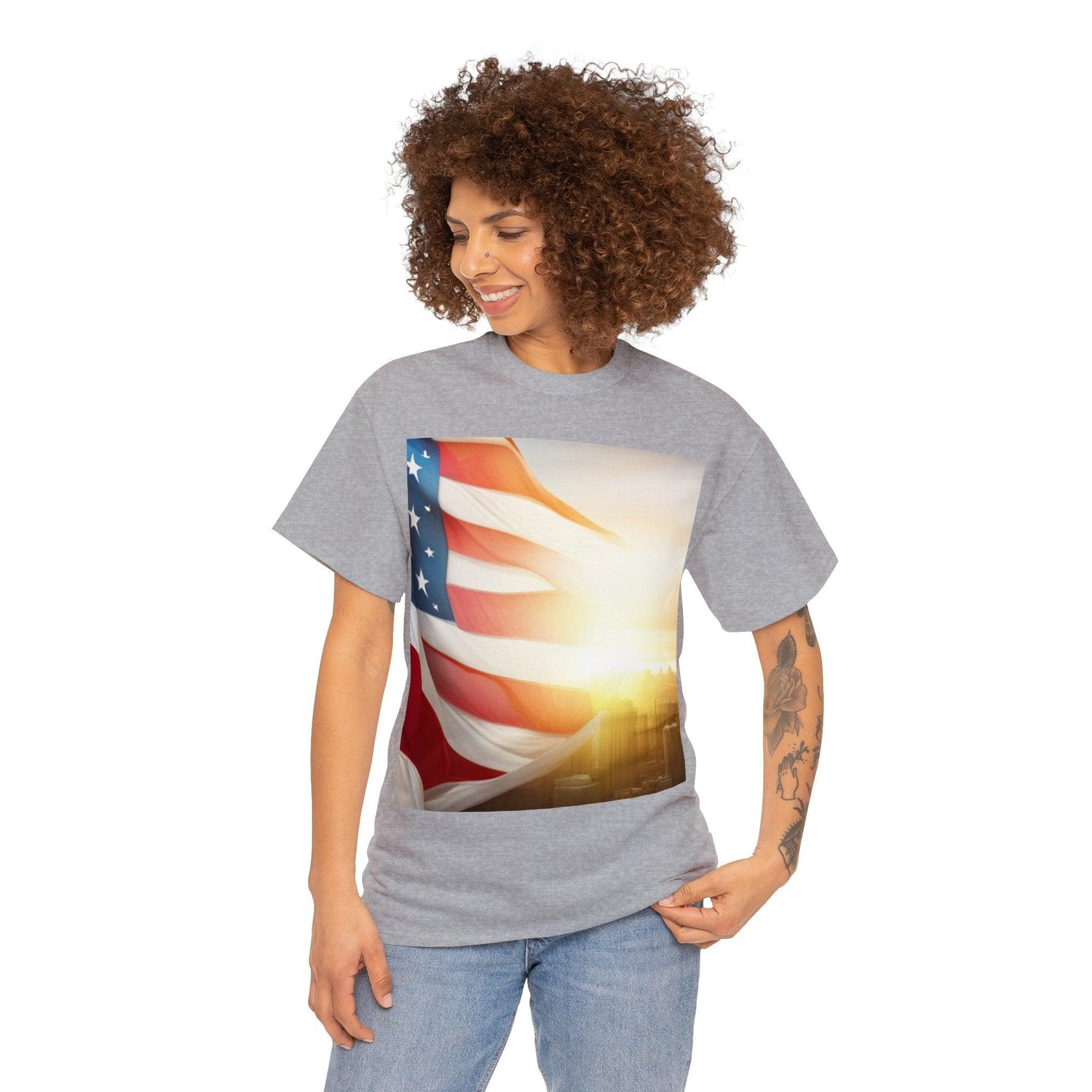 Patriot American Flag Over Gotham Unisex Heavy Cotton Tee / Red, White, and Blue Old Glory Sun T-Shirt - Lizard Vigilante