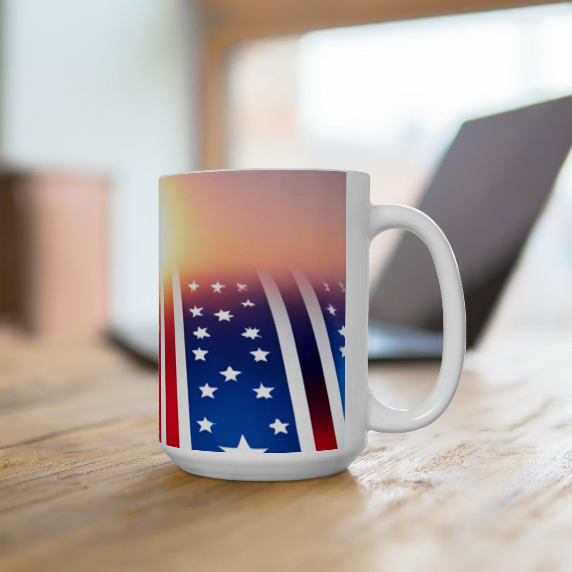 Red, White, and Blue Sunny Horizon Ceramic Mug 15oz - Lizard Vigilante