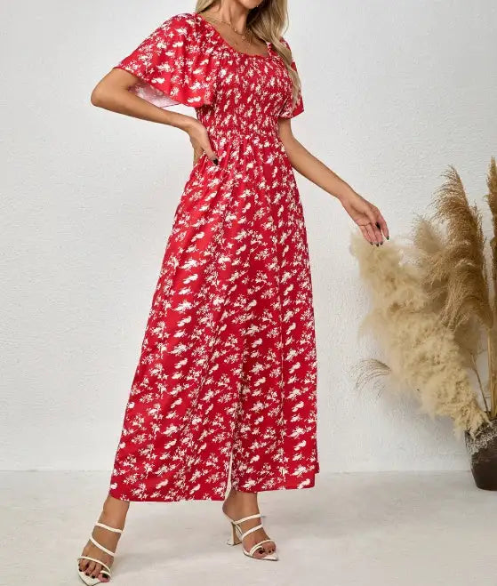 Ladies' Printed Square Neck Fashionable Loose Vacation Style Jumpsuit