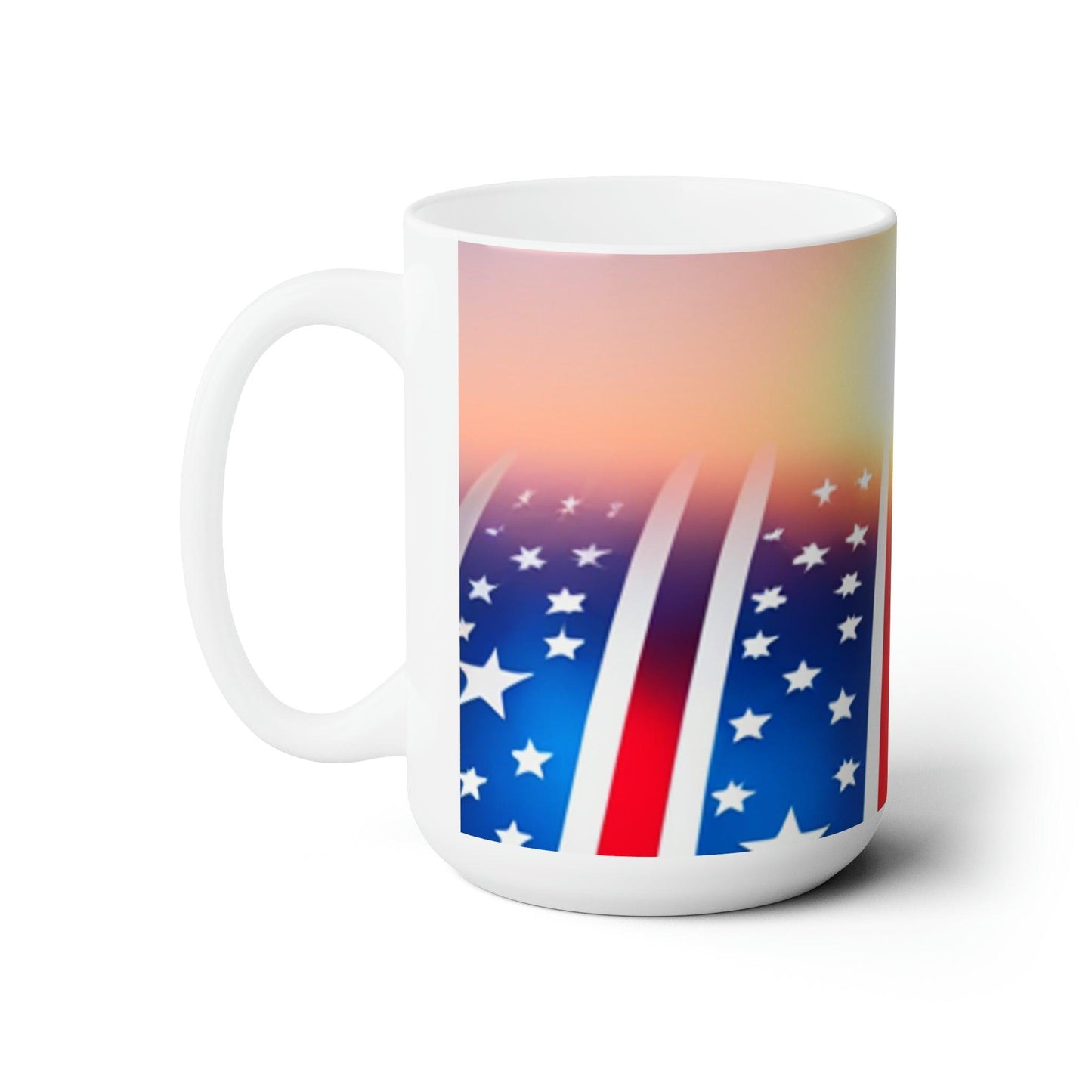 Red, White, and Blue Sunny Horizon Ceramic Mug 15oz - Lizard Vigilante