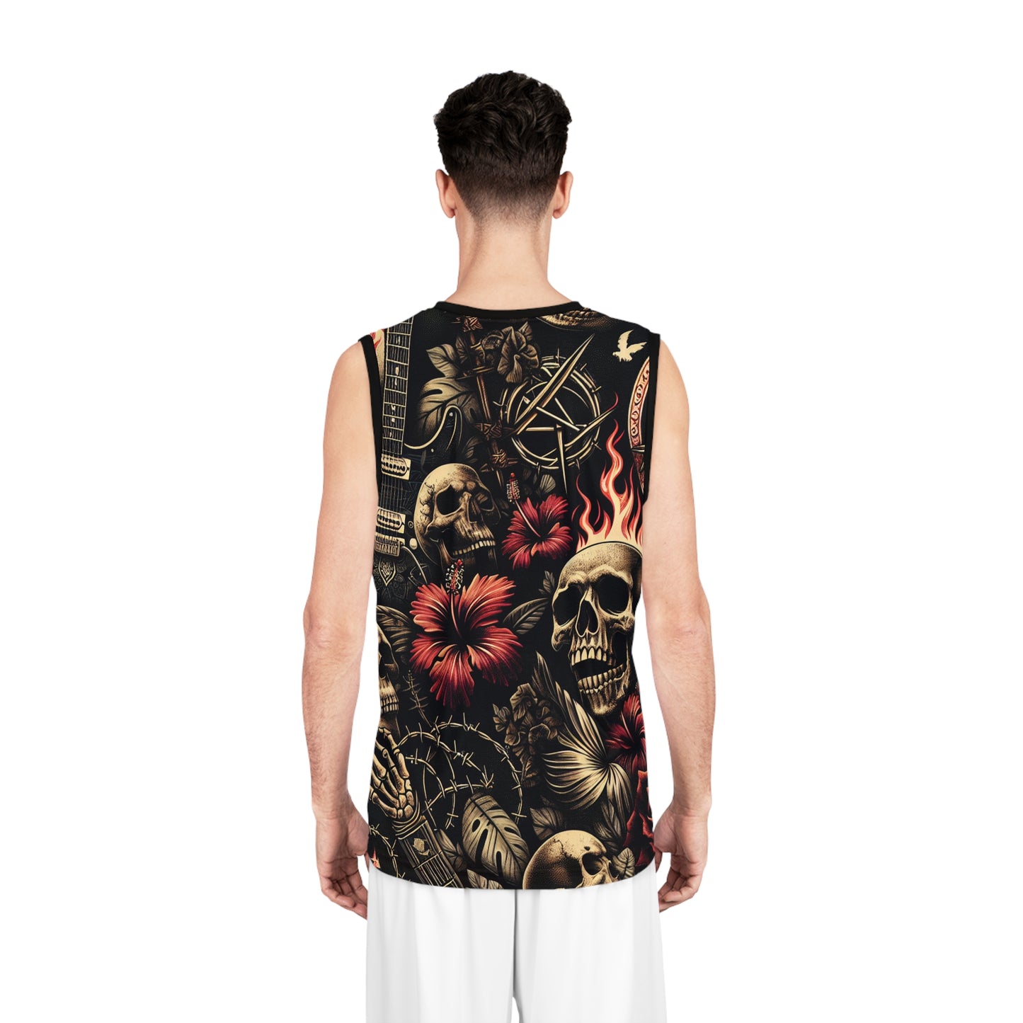 Gothic Basketball Jersey, Edgy Sportswear for Music Lovers, Festival Outfit, Unique Athletic Apparel, Skull and Floral Design