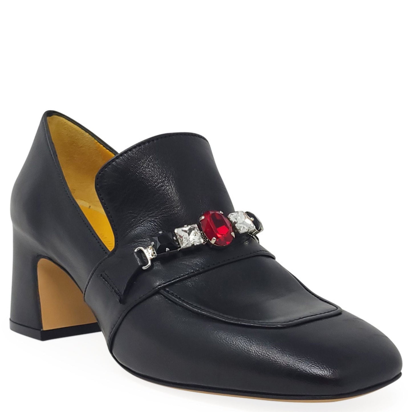 Black Leather Mid Heel Jeweled Loafer