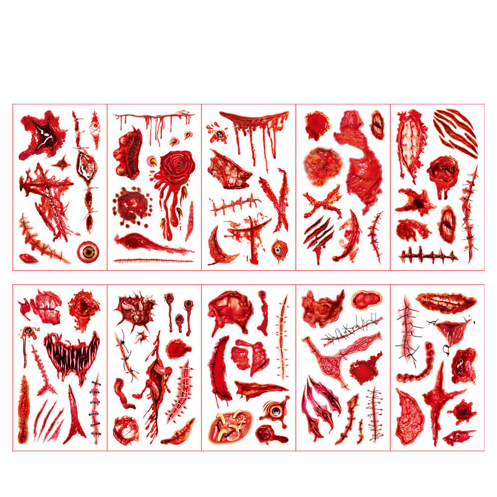 10 Pcs Spooky Wound Halloween Temporary Tattoo Stickers
