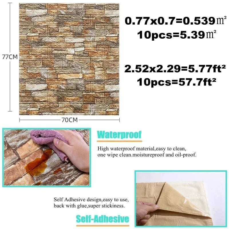 10Pcs 3D Wall Sticker Self Adhesive Panel Living Room Background Brick Waterproof Wallpapers Mural Bedroom DIY Decorative 70*77 - Premium  from Lizard Vigilante - Just $21.99! Shop now at Lizard Vigilante