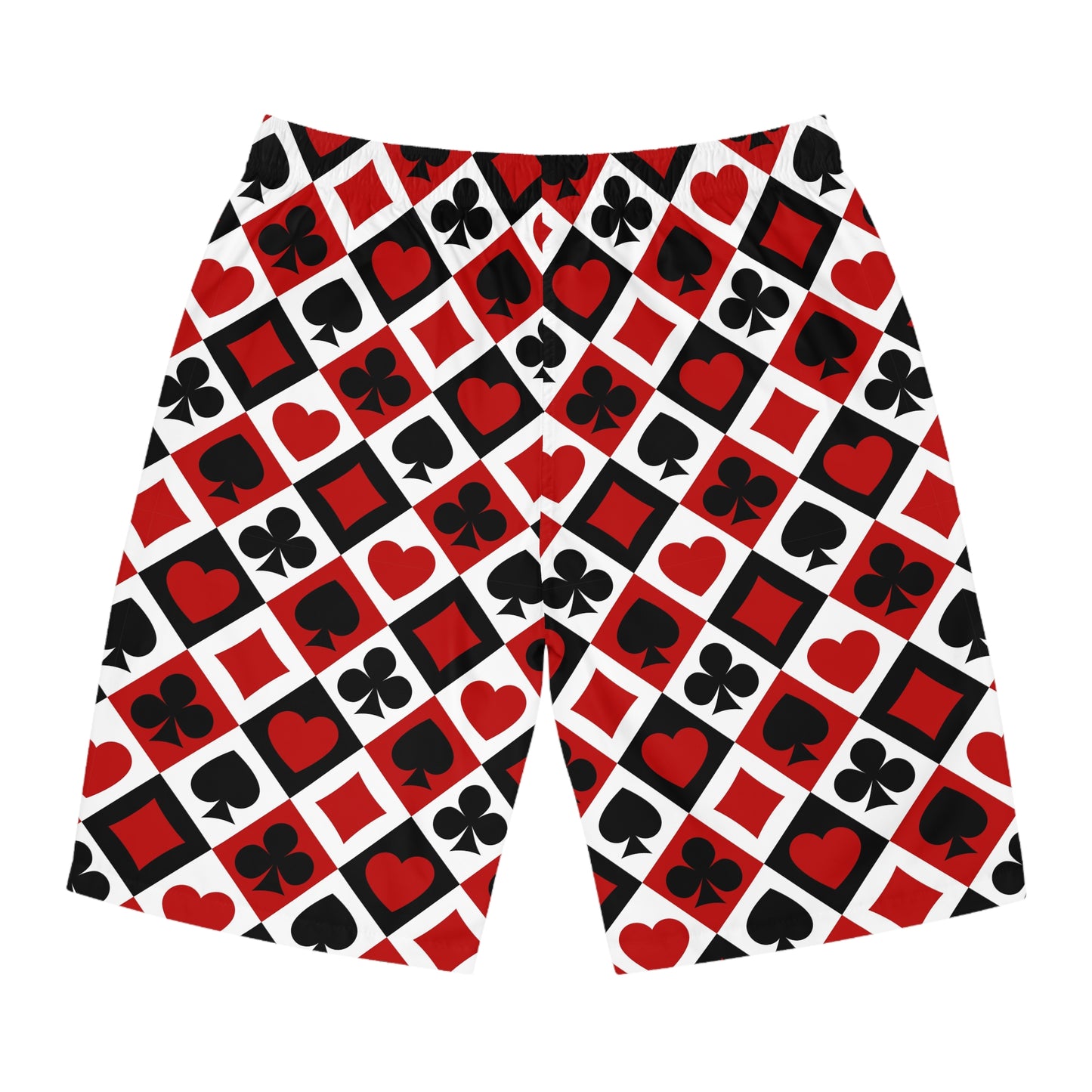 Card Suits Pattern Board Shorts — Red & Black Hearts, Clubs, Diamonds, Spades Swim Trunks