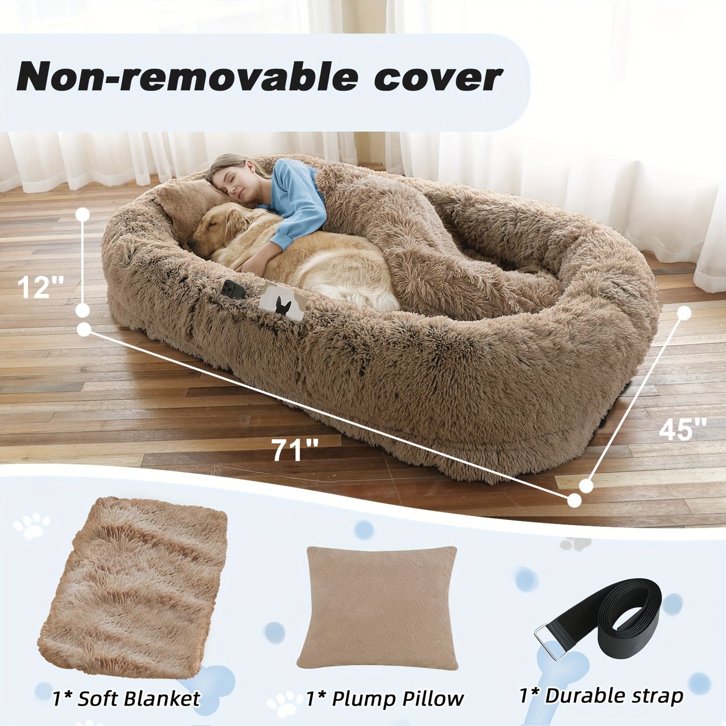 Orthopedic Human Dog Bed 71"x45"x12" Oval Washable Faux Fur Pet Bed with Plump Pillow, Blanket & Strap - Non-Slip Spa Design for All Dog Sizes, Grey, Cozy Nap Spot, Cozy Aesthetic, Durable Polyester, Home Lounging