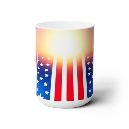 Red, White, and Blue Sunny Horizon Ceramic Mug 15oz - Lizard Vigilante